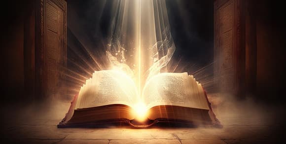 A bright light shining on an open Bible