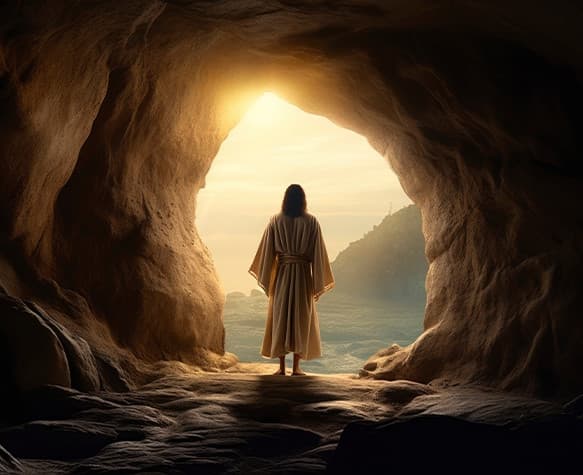 Jesus standing at a cave entrance, looking over a bright landscape