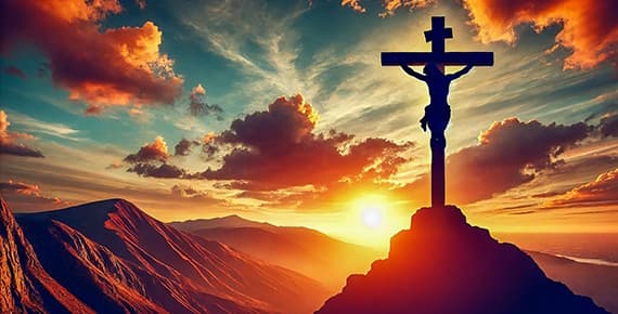 Jesus at the cross, with the sun setting in the background.